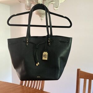 Ralph Lauren Black Leather Tote Bag with Gold Hardware